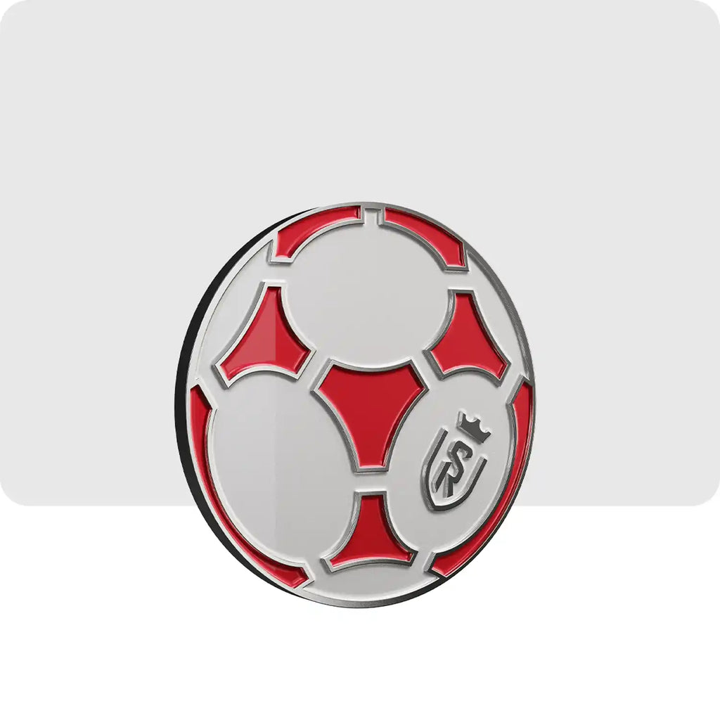 Pin's personnalisé en métal de couleur gris et rouge en forme de ballon, le logo du club du stade de Reims y est aussi représenté. 