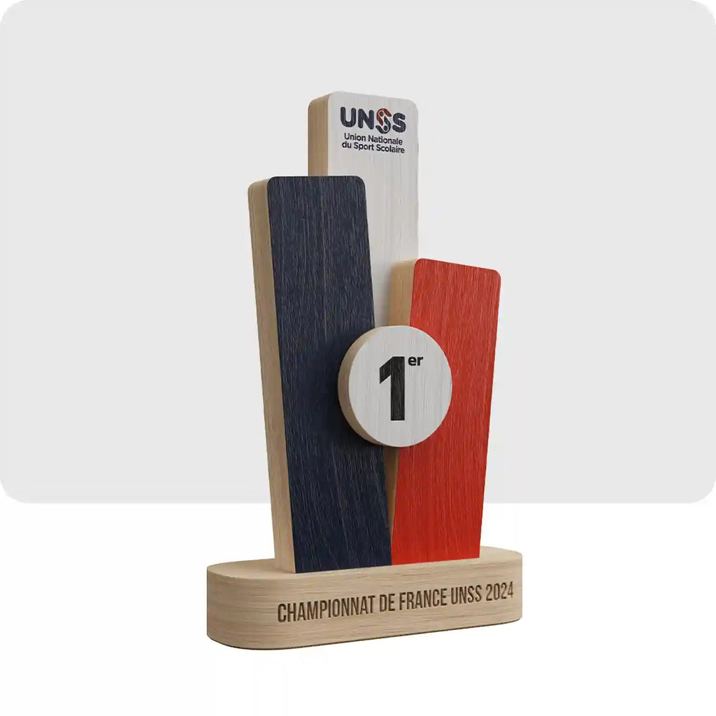 Trophée en bois, avec une forme personnalisé ainsi que 3 couleurs dominantes qui son le bleu, le blanc, et le rouge. 