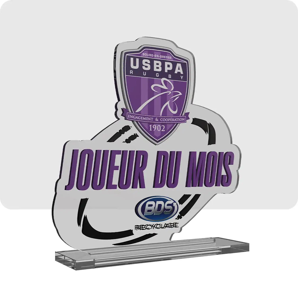 Trophée personnalisé en plexiglass, composé de multiples couleurs tel que le violet, le noir et le blanc. Avec en son centre le logo de l'équipe sportive ainsi que des écritures.