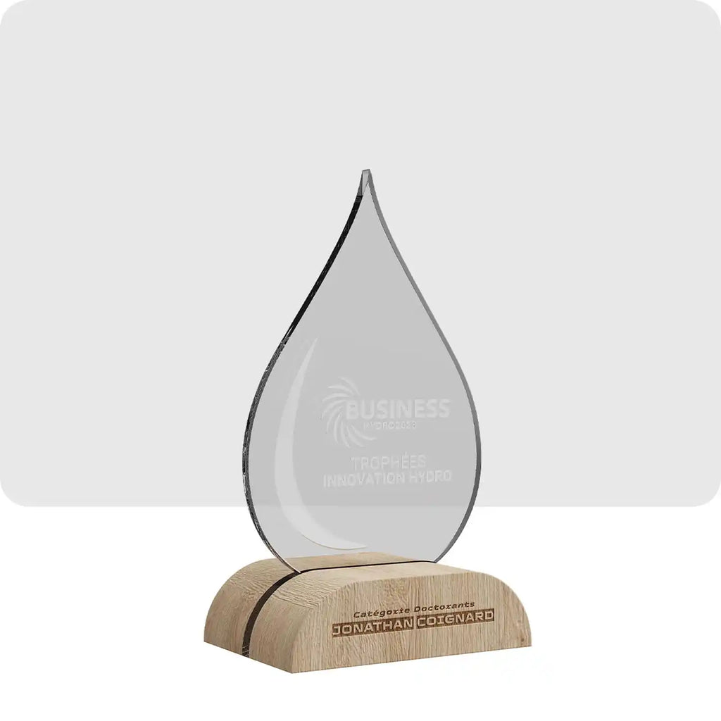 Trophée personnalisé en bois et en plexiglass, le plexiglass représente une goutte d'eau et le socle est en bois. 