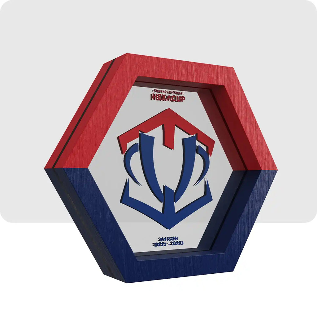 Trophée personnalisé en bois de couleur bleu et rouge avec en son centre le logo de la "Hexacup".