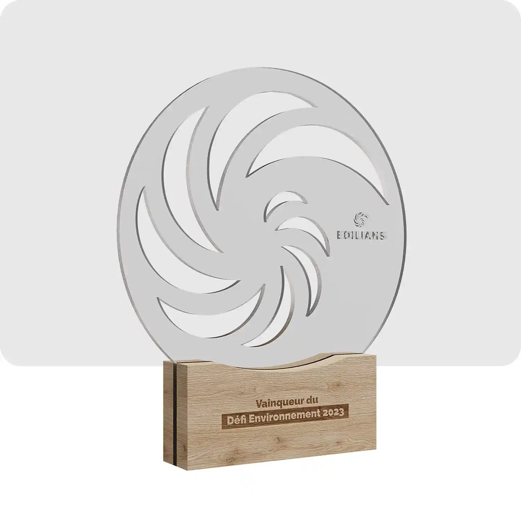 Trophée d'entreprise en plexiglass et en bois. Le logo de l'entreprise est représenté en plexiglass et repose sur un socle en bois. 