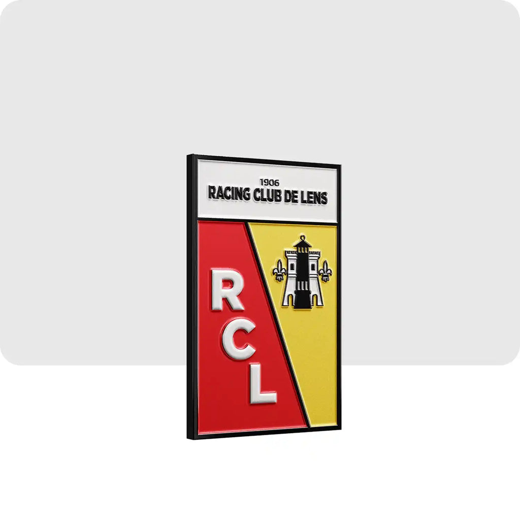 magnet de couleur rouge jaune et blanc représentant le blason de l'équipe de football de Lens.